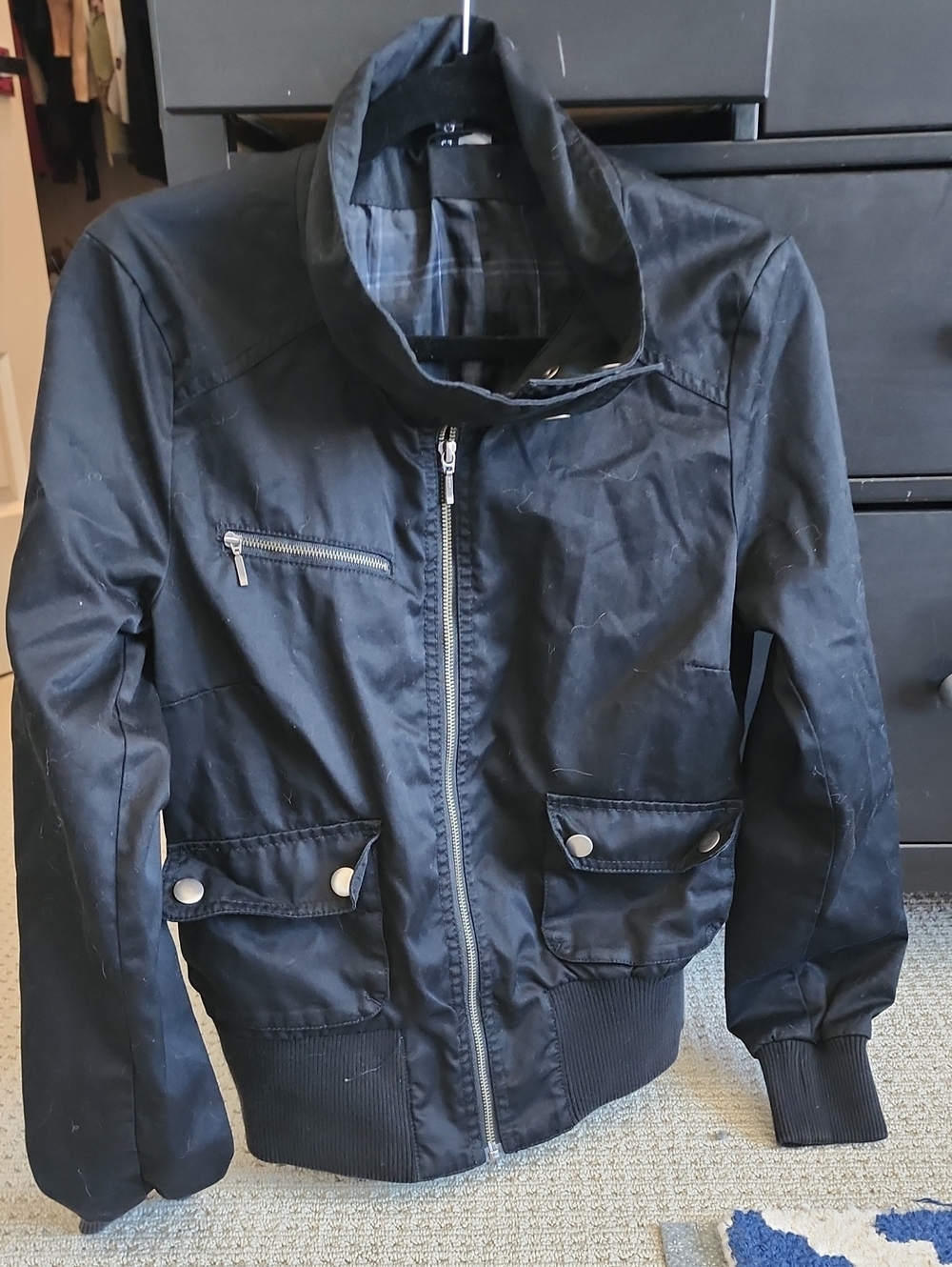 Divided Black Zipper Front Bomber Jacket